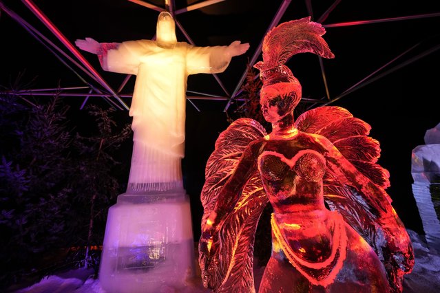 An ice-cold artwork, depicting Rio de Janeiro, is seen at an ice and snow sculpture exhibition made by 35 international artists, who worked 4 months at minus eight degrees Celsius in Oberhausen, Germany, on the 1st of Advent, Sunday, December 1, 2024. (Photo by Martin Meissner/AP Photo)