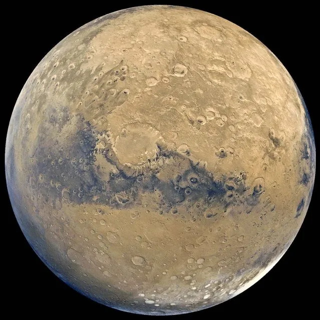 This photo released by NASA on July 9, 2013 shows a view of Mars that was stitched together by images taken by NASA's Viking Orbiter spacecraft. The space agency is planning to send a spacecraft similar to the Curiosity rover to the red planet in 2020. A NASA-appointed team released a report that described the mission's science goals. (Photo by NASA)