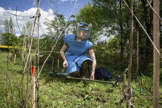 Anastasiia Minchukova lays a mine detector during a training session for a group of Ukrainian female emergency services personnel for specialist training in explosive ordnance disposal and survey training in western Kosovo city of Peja on Monday, April 25, 2022. Six Ukrainian women have started to be trained in Kosovo to dispose of explosive ordnance that have contaminated their country invaded by Russia. (Photo by Visar Kryeziu/AP Photo)