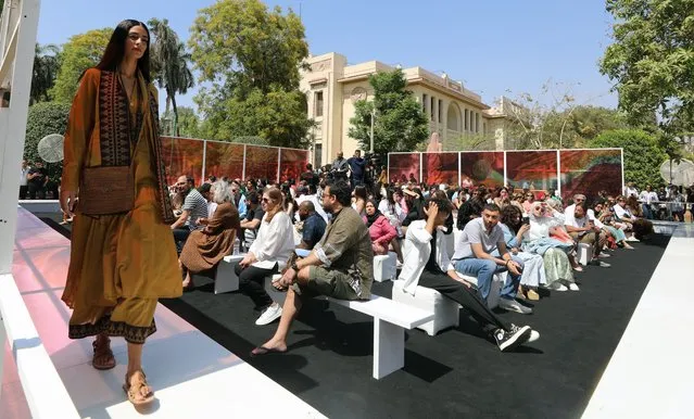A model presents a creation by Egyptian fashion designer Shahera Fahmy during the first edition of the Egypt’s Fashion Week at Agriculture Museum in Giza, Egypt, 13 May 2023. The first edition of Egyptian Fashion Week is taking place from 12 to 15 May with over 70 Egyptian designers showing their collections on and off the runway. (Photo by Khaled Elfiqi/EPA)