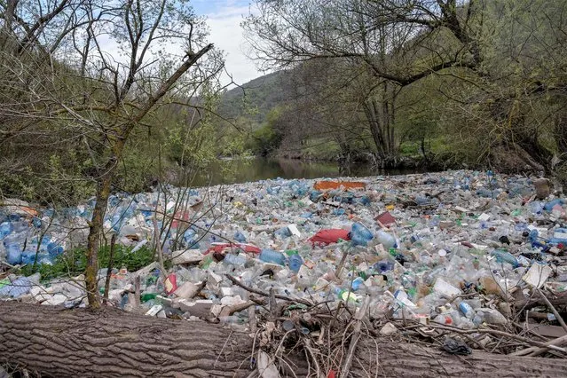 Dumped plastic bottles and other garbage float along the Morava river in the village of Pogragje near the town of Gjilan, on April 22, 2023, marking the Earth Day, in which people are urged to increase their awareness and respect for the environment. (Photo by Armend Nimani/AFP Photo)