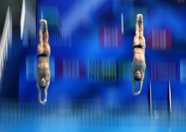 Tyler Downs and Greg Duncan of the US compete at the Men’s 3m Synchronised Springboard preliminary round of the Diving events during the World Aquatics Championships 2023 in Fukuoka, Japan, 15 July 2023. (Photo by Franck Robichon/EPA)