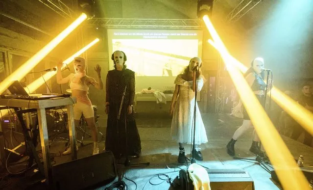 (L-R) Diana Burkot, Anton Ponomarev, Maria Alyokhina and Olga Borisova perform at the concert of the anti-cremlin and feminist band p*ssy Riot at Funkhaus Berlin on May 12, 2022. The 33-year-old Alyokhina had only recently fled Russia. Based on the book “Riot Days” by Alyokhina, the “p*ssy Riot Anti-War Tour” presented a performance project consisting of music, theater and video recordings. 19 performances have been announced for the tour. The punk band has been a thorn in the side of the Russian government for years. (Photo by Bernd von Jutrczenka/dpa)