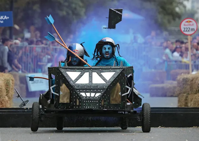Competitors drive their homemade vehicle without an engine during the Red Bull Soapbox Race in Almaty, Kazakhstan on September 11, 2022. (Photo by Pavel Mikheyev/Reuters)