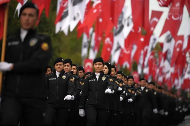 Turkey's policepersons in a parade as part of celebrations marking the 100th anniversary of the creation of the modern, secular Turkish Republic, in Istanbul, Turkey, Sunday, October 29, 2023. (Photo by Emrah Gurel/AP Photo)