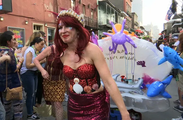 In this Friday, February 22, 2019, image made from video, a woman dressed as a mermaid pulls a wagon containing an inflatable seashell full of beads in the Krewe of Cork parade in New Orleans. New Orleans now boasts some 50 walking Carnival clubs that parade throughout the Mardi Gras season. That's the most ever in the city's long Carnival history, making Mardi Gras more colorful and diverse than ever before. (Photo by Stacey Plaisance/AP Photo)