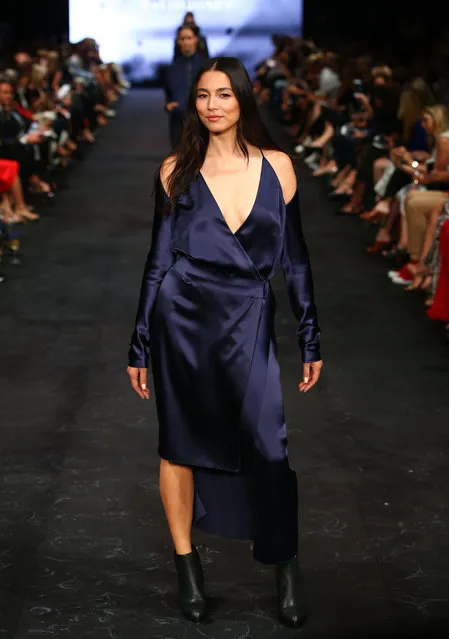 David Jones ambassador Jessica Gomes showcases designs by Dion Lee on the runway at the David Jones Autumn Winter 2017 Collections Launch at St Mary's Cathedral Precinct on February 1, 2017 in Sydney, Australia. (Photo by Mark Nolan/Getty Images for David Jones)