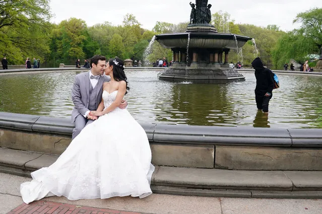 A bride and groom pose for photos as a man takes money out of Bethesda Fountain in Central Park in New York, New York, U.S., April 28, 2019. (Photo by Carlo Allegri/Reuters)