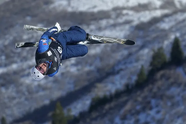 Belarus' Dzmitry Mazurkevich competes in a World Cup freestyle aerials competition at Deer Valley Resort in Park City, Utah, Wednesday, January 12, 2022. (Photo by Rick Bowmer/AP Photo)