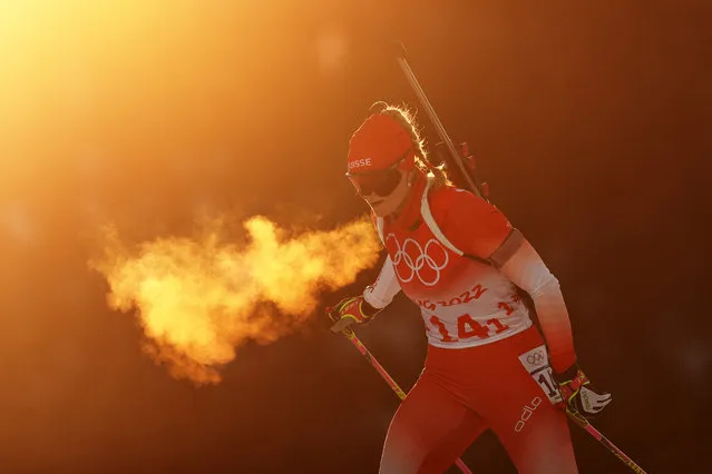 Amy Baserga of Team Switzerland skis during Mixed Biathlon 4x6km relay at National Biathlon Centre on February 05, 2022 in Zhangjiakou, China. (Photo by Ezra Shaw/Getty Images)