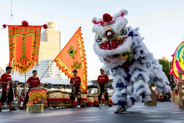 Traditional Chinese lion dancers perform outside a shopping mall in Bangkok on January 31, 2022 ahead of Lunar New Year on February 1, which marks the start of the Year of the Tiger. (Photo by Jack Taylor/AFP Photo)