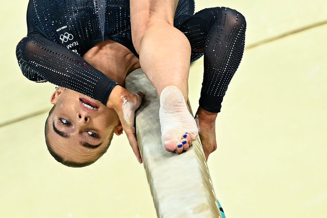 Britain's Alice Kinsella competes in the balance beam event of the artistic gymnastics women's qualification during the Paris 2024 Olympic Games at the Bercy Arena in Paris, on July 28, 2024. (Photo by Gabriel Bouys/AFP Photo)