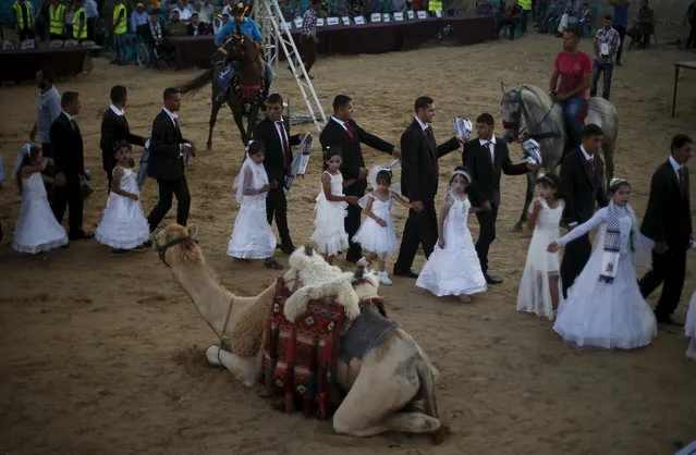 A camel is seen as Palestinian girls accompany grooms separate from the brides during a mass wedding for 150 couples in Beit Lahiya town in the northern Gaza Strip July 20, 2015. (Photo by Suhaib Salem/Reuters)