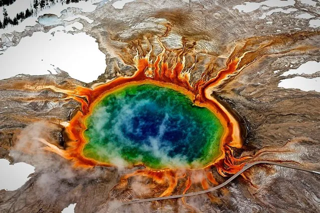 The Grand Prismatic Spring in Yellowstone National Park, Wyoming, is the world’s third largest hot spring, with the different bright colours created by bacteria. (Photo by Marie-Louise Mandl/Getty Images/EyeEm)
