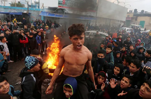 Palestinians gather to stage a protest against US President Donald Trumpâs Middle East plan in Khan Yunis, Gaza on January 29, 2020. (Photo by Ashraf Amra/Anadolu Agency via Getty Images)