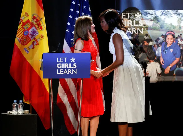 U.S first lady Michelle Obama greets Spain's Queen Letizia during a Let Girls Learn event, to promote girls' education, in Madrid, Spain, June 30, 2016. (Photo by Andrea Comas/Reuters)