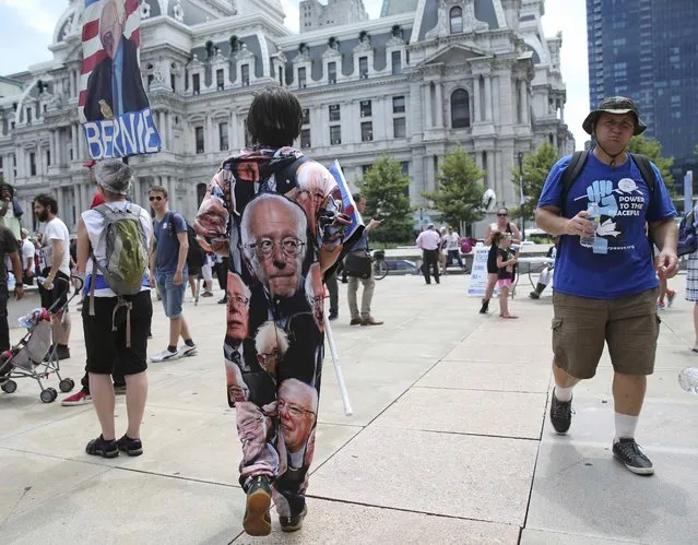 A supporter of former Democratic U.S. presidential candidate and Senator Bernie Sanders wears an outfit in his likeness during a rally outside the Wells Fargo Center on the second day of the Democratic National Convention in Philadelphia, Pennsylvania, U.S., July 26, 2016. (Photo by Dominick Reuter/Reuters)