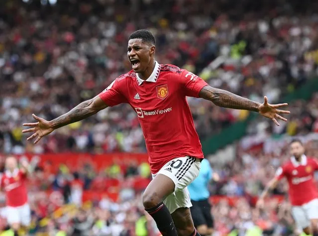 Marcus Rashford of Manchester United celebrates scoring their second goal during the Premier League match between Manchester United and Arsenal FC at Old Trafford on September 04, 2022 in Manchester, England. (Photo by  Richard Pelham/The Sun)