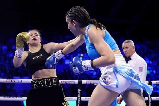 Karen Elizabeth Carabajal punches Katie Taylor during the IBF, WBA, WBC and WBO Undisputed Lightweight World Title fight between Katie Taylor and Karen Elizabeth Carabajal at OVO Arena Wembley on October 29, 2022 in London, England. (Photo by James Chance/Getty Images)