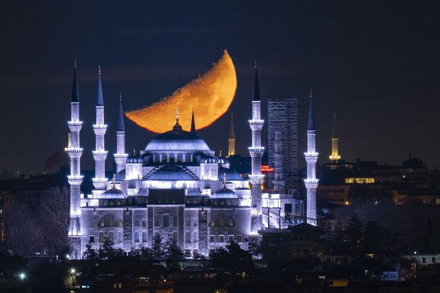 A view of the half Moon over the Sultan Ahmed Mosque in Istanbul, Turkiye on March 05, 2025. (Photo by Isa Terli/Anadolu via Getty Images)