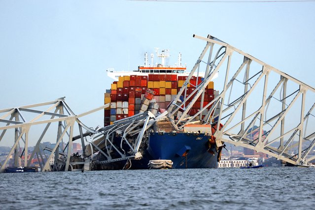 A view of the Dali cargo vessel which crashed into the Francis Scott Key Bridge causing it to collapse in Baltimore, Maryland, U.S., March 26, 2024. (Photo by Julia Nikhinson/Reuters)
