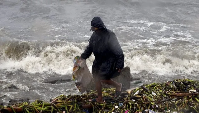 A resident looks for recyclable materials amidst strong waves due to Typhoon Koppu in Manila Bay, October 18, 2015. (Photo by Erik De Castro/Reuters)