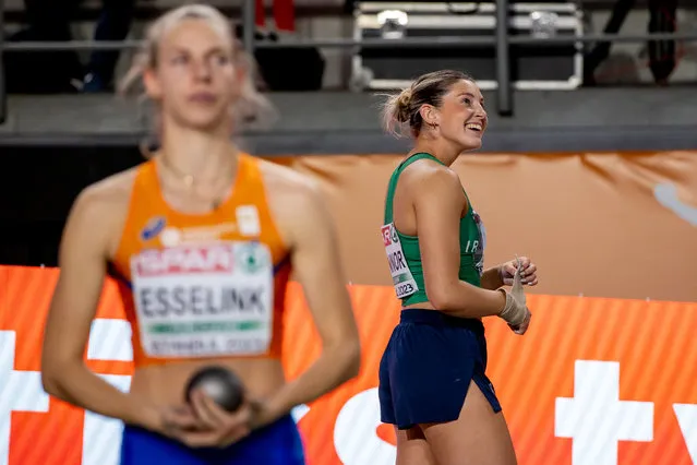 Ireland’s Kate O’Connor reacts after setting a new personal best in the women’s shot putt pentathlon at the 2023 European Athletics Indoor Championships in Turkey on March 3, 2023. (Photo by Morgan Treacy/Inpho)
