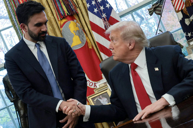 President Donald Trump and New York City Mayor-elect Zohran Mamdani shake hands as they meet in the Oval Office at the White House in Washington, D.C., on November 21, 2025. (Photo by Jonathan Ernst/Reuters)