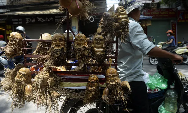 A man carries on his motorbike bamboo root-carved statues of happiness and longivity gods in Hanoi on June 26, 2013. Very popular in Vietnam, bamboo trees can be crafted into various different items in households across the country. (Photo by Hoang Dinh Nam/AFP Photo)