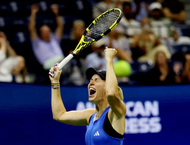 Caroline Wozniacki of Denmark celebrates match point against Petra Kvitova of Czech Republic during their Women's Singles Second Round match on Day Three of the 2023 US Open at the USTA Billie Jean King National Tennis Center on August 30, 2023 in the Flushing neighborhood of the Queens borough of New York City. (Photo by Brendan McDermid/Reuters)