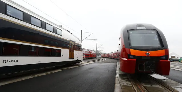Trains are seen at the “Stadler Minsk” plant in Fanipol, Belarus February 10, 2016. (Photo by Vasily Fedosenko/Reuters)