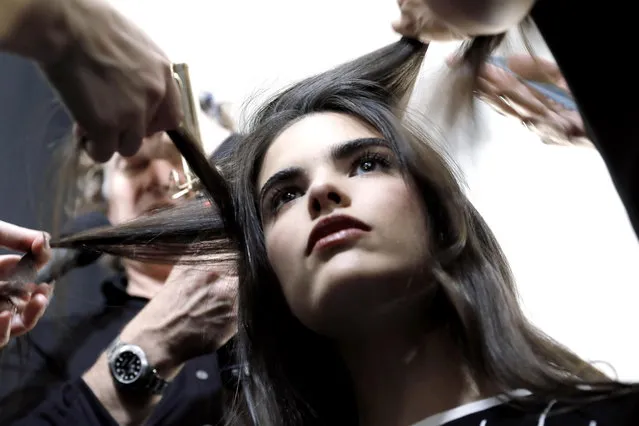 A model has her hair done backstage before the Taoray Wang fashion show during New York Fashion Week in New York, New York, 09 February 2019. (Photo by Peter Foley/EPA/EFE)