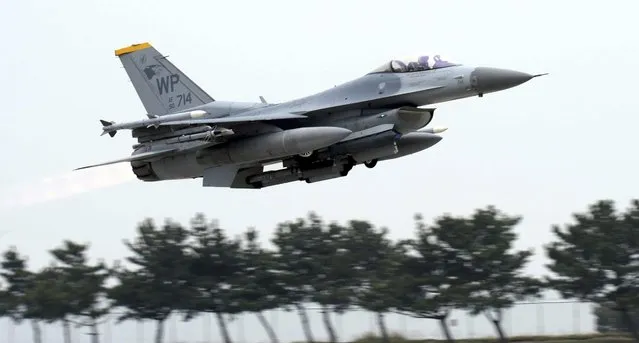 U.S. Air Force's F-16 fighter takes off during an annual joint air exercise “Max Thunder” between South Korea and the U.S. at Kunsan Air Base in Gunsan, South Korea on April 20, 2017. A U.S. Air Force pilot safely ejected on Monday, Dec. 11, 2023, before his F-16 fighter jet, like the same model seen in this photo, crashed into the sea off South Korea’s southwestern coast, U.S. and South Korean military officials said. (Photo by Go Bum-jun/Newsis via AP Photo)
