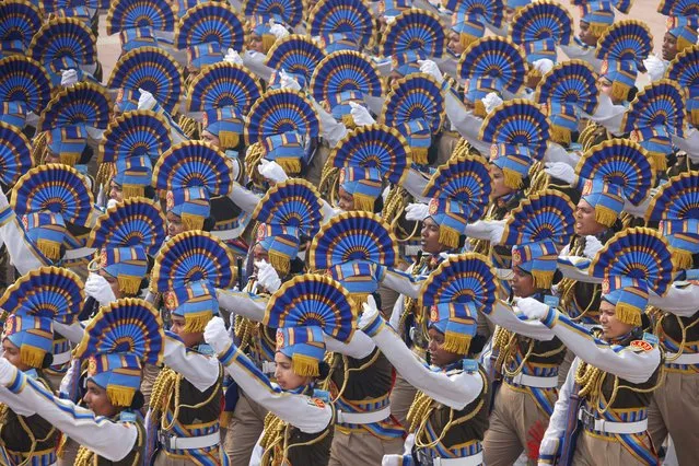 Indian soldiers march at the Republic Day parade in New Delhi on January 26, 2024. President Emmanuel Macron was guest of honour for India's pomp-filled annual military parade, in a state visit aimed at shoring up France's strategic ties with the world's fifth-largest economy. (Photo by Ludovic Marin/AFP Photo)