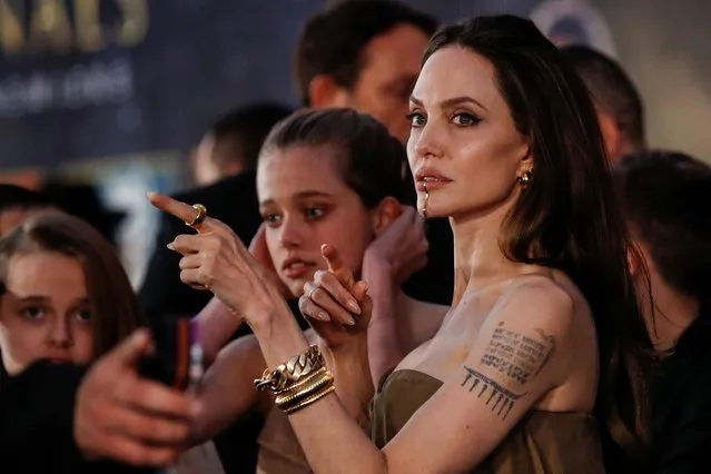 Cast member Angelina Jolie reacts at the premiere for the film “Eternals” in Los Angeles, California, U.S. October 18, 2021. (Photo by Mario Anzuoni/Reuters)