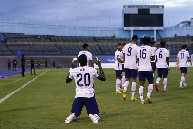 United States' Tim Weah celebrates scoring his side's opening goal against Jamaica during a qualifying soccer match for the FIFA World Cup Qatar 2022 in Kingston, Jamaica, Tuesday, November 16, 2021. (Photo by Fernando Llano/AP Photo)