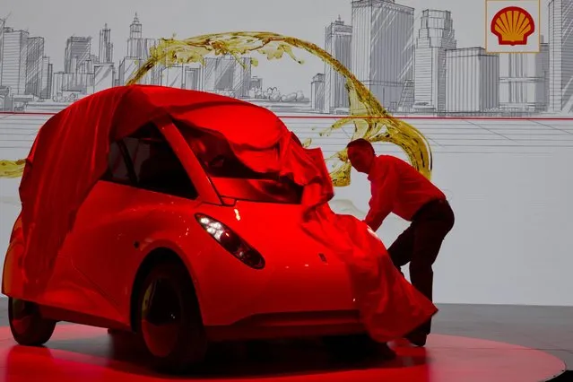 Andrew Hepher, Vice President of Lubricants Technology, Shell unveils the Shell Concept Car in Beijing, China, Friday, April 22, 2016. Built as proof of energy efficiency that can be achieved with the latest technologies, Shell unveiled the concept car ahead of the bi-annual Beijing Auto Show where the world's top car manufacturers will showcase their own upcoming products. (Photo by Ng Han Guan/AP Photo)