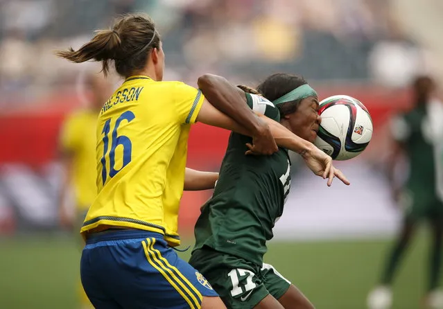 Nigeria forward Francisca Ordega (17) heads a ball against Sweden defender Lina Nilsson (16) in Winnipeg, June 8, 2015. (Photo by USA TODAY Sports)