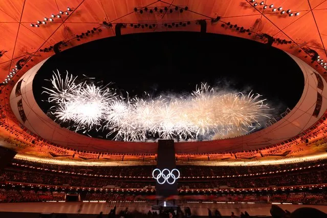 General view as a firework display is seen inside the stadium during the Opening Ceremony of the Beijing 2022 Winter Olympics at the Beijing National Stadium on February 04, 2022 in Beijing, China. (Photo by Lintao Zhang/Getty Images)
