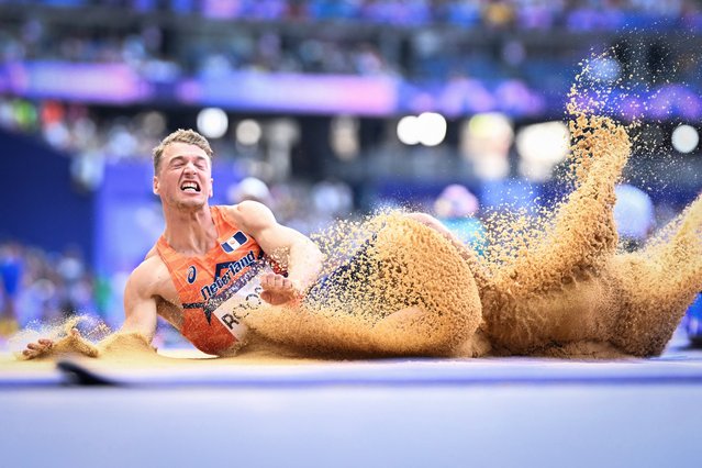 Netherlands' Sven Roosen competes in the men's decathlon long jump of the athletics event at the Paris 2024 Olympic Games at Stade de France in Saint-Denis, north of Paris, on August 2, 2024. (Photo by Kirill Kudryavtsev/AFP Photo)