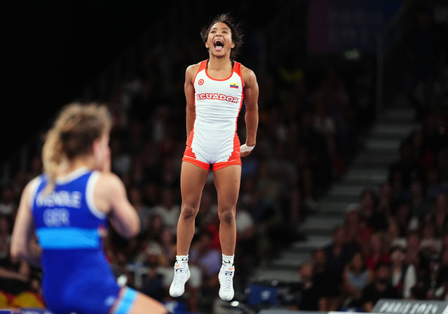 Ecuador's Lucía Yépez celebrates victory over Germany's Annika Wendle following the Women's Freestyle 53kg Semi final at Champ-de-Mars Arena on the twelfth day of the 2024 Paris Olympic Games in France on Wednesday, August 7, 2024. (Photo by John Walton/PA Images via Getty Images)