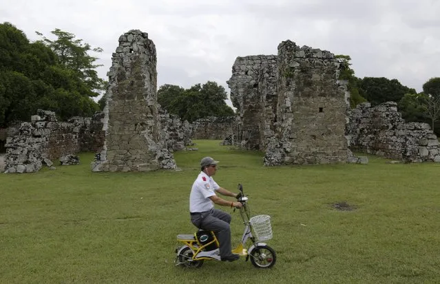 A security guard patrols around Panama Viejo, or Old Panama ruins, during the 496th anniversary of Panama City August 15, 2015. (Photo by Carlos Jasso/Reuters)