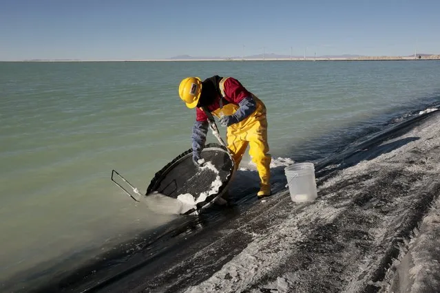 A worker takes a sample from a brine pool at Uyuni salt lake, Bolivia, August 15, 2015. (Photo by David Mercado/Reuters)