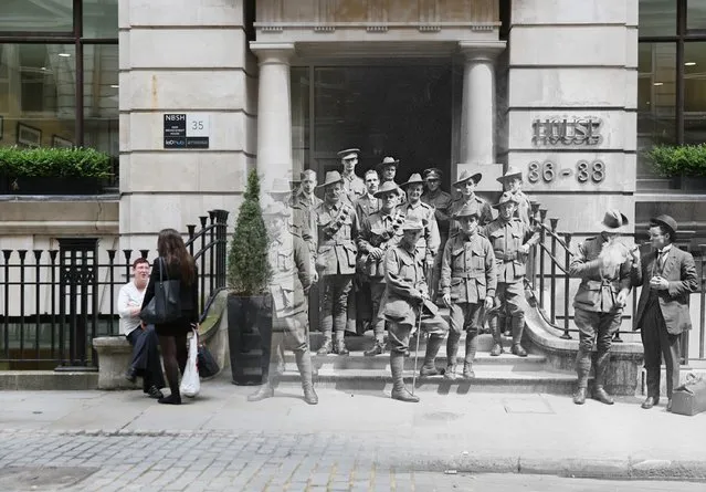 A picture showing office workers take a break outside the former Egypt House on July 11, 2014, has been digitally altered to show Australian soldiers outside the same building in 1917. (Photo by Peter Macdiarmid/Getty Images)