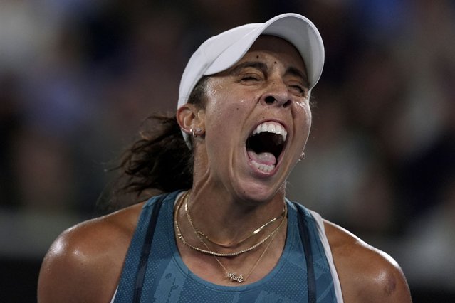 Madison Keys of the U.S. reacts after winning a point against Elena-Gabriela Ruse of Romania during their second round match at the Australian Open tennis championship in Melbourne, Australia, Thursday, January 16, 2025. (Photo by Ng Han Guan/AP Photo)
