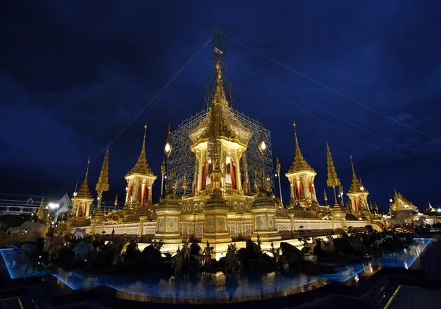 This September 12, 2017, photo, shows the royal crematorium and funeral complex for the late Thai King Bhumibol Adulyadej in preparation in Bangkok, Thailand. The funeral for Thailand’s King Bhumibol Adulyadej is an elaborate, intricately planned event lasting five days from Oct. 25 until Oct. 29. The ceremonies and processions will be steeped in Buddhism, tradition and history and defined by modern and personal touches. (Photo by Sakchai Lalit/AP Photo)