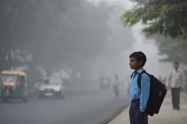 School children leaving for school amid heavy smog, on November 8, 2017 in New Delhi, India. Delhi was enveloped in a thick blanket of haze for the second consecutive day with air quality levels deteriorating. Deputy chief minister Manish Sisodia says all schools to remain shut till Sunday. (Photo by Burhaan Kinu/Hindustan Times via Getty Images)