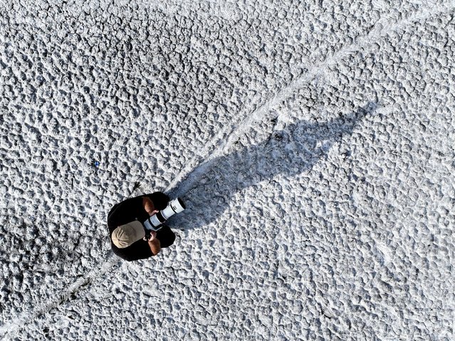 An aerial view of the Lake Duden's texture formed due to drought in Konya, Turkiye on March 9, 2024. The lake, situated 5 kilometers from Kulu district in Konya and known for hosting migratory birds, has experienced a decline in water level. (Photo by Serhat Cetinkaya/Anadolu via Getty Images)