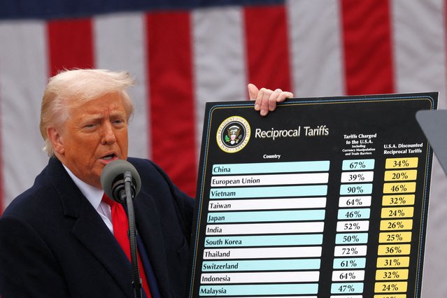 U.S. President Donald Trump delivers remarks on tariffs in the Rose Garden at the White House, on April 2, 2025. (Photo by Carlos Barria/Reuters)