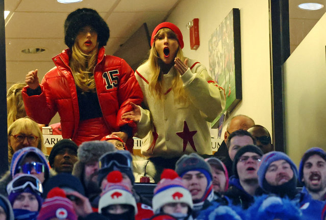 American singer-songwriter Taylor Swift and football player Brittany Mahomes react after Kansas City Chiefs tight end Travis Kelce scores a touchdown in the 2024 AFC divisional round game between against the Buffalo Bills in Orchard Park, New York on January 22, 2024. (Photo by Mark J. Rebilas/USA TODAY Sports)